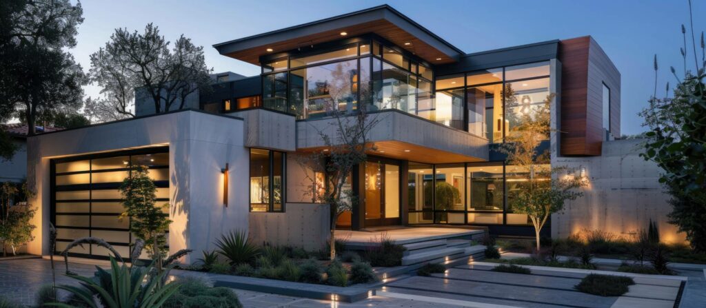 Eine moderne Stadtvilla mit einer Glasfront und Außenbeleuchtung, die in einem Garten liegt. Die Architektur ist zeitgenössisch und luxuriös.