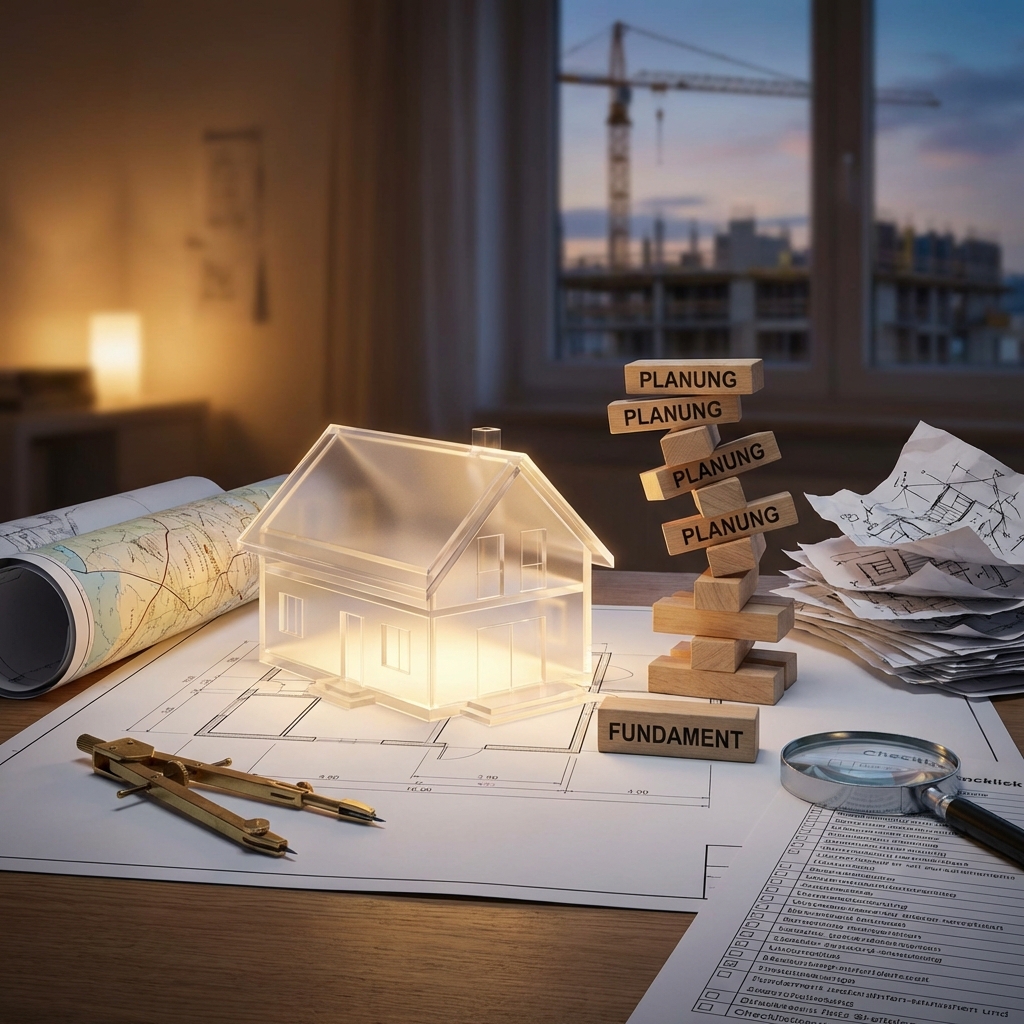 Hausbau planen: Modellhaus auf Bauplan mit Planungsbausteinen und Lupe – symbolisiert strukturierte Bauplanung vom Fundament bis zur fertigen Planung