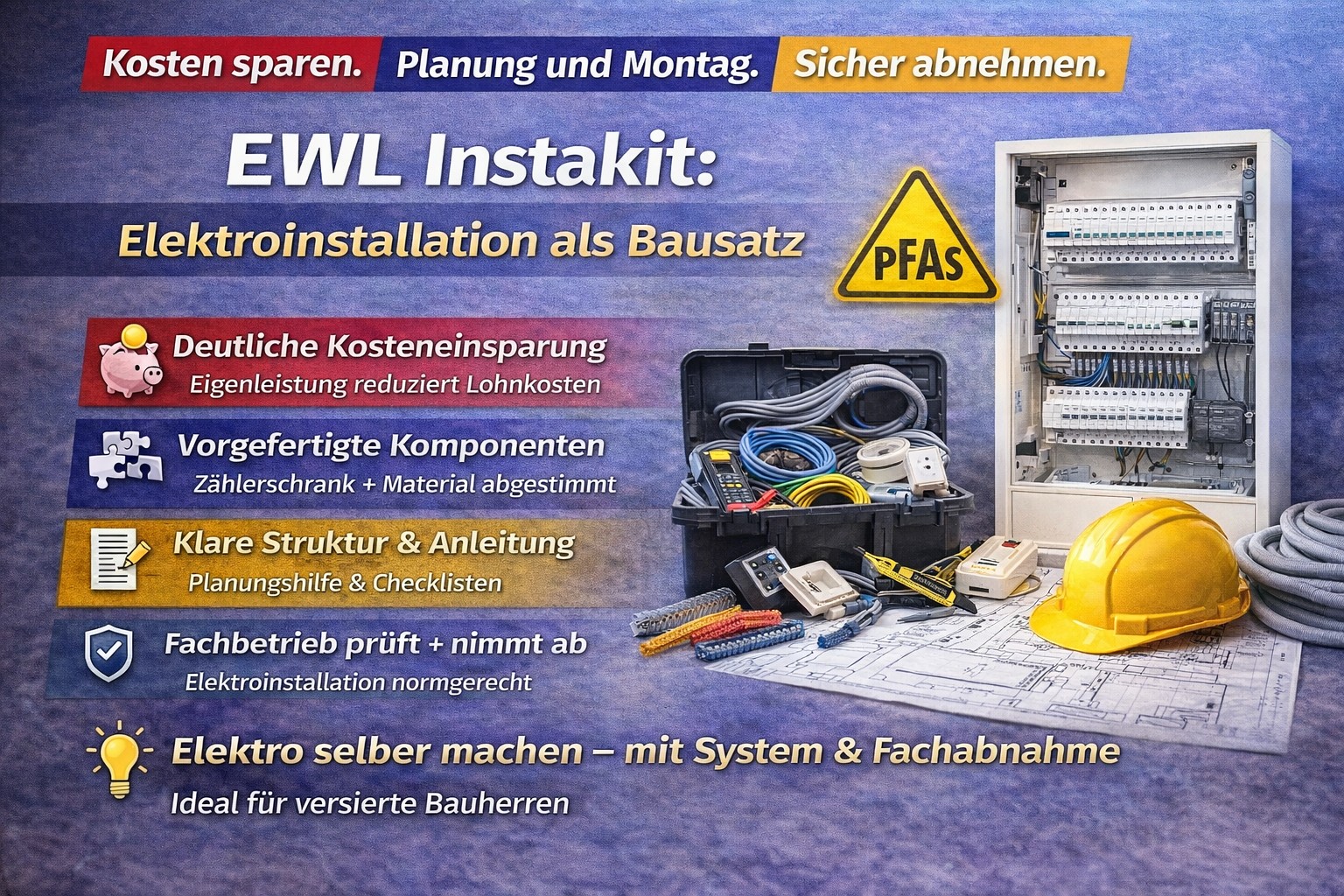 Ein Bausatz für Elektroinstallation mit Werkzeug und Anleitung