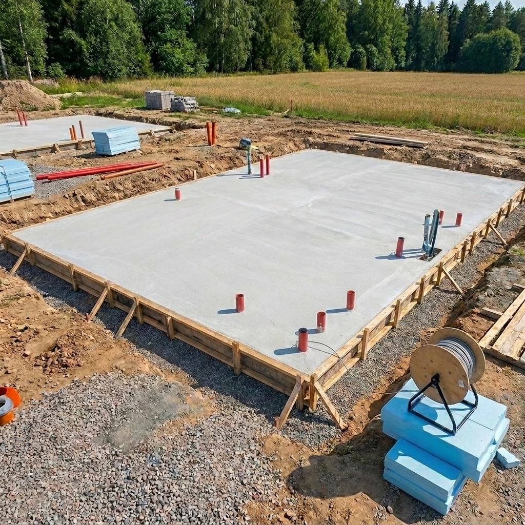 FUTURA Bodenplatte: fertige EnergieSpar-Bodenplatte mit XPS-Dämmung und Schalungselementen auf Baustelle