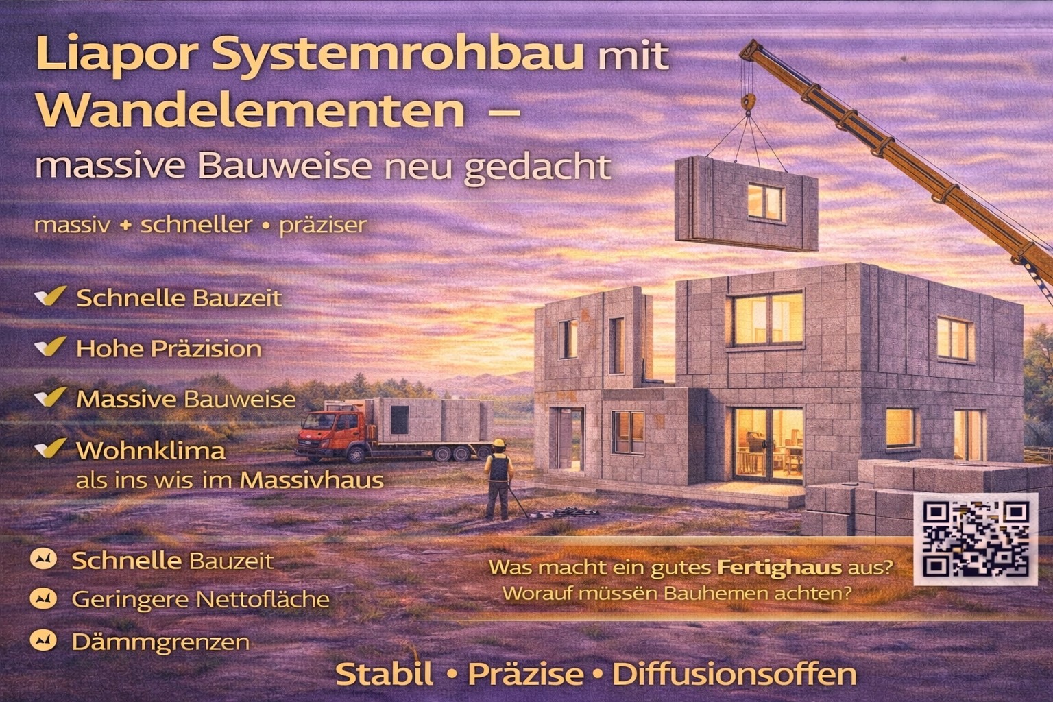Ein modernes Gebäude im Bau, mit einem Kran im Hintergrund. Liapor Systembau mit Wandelementen für massive Bauweise.
