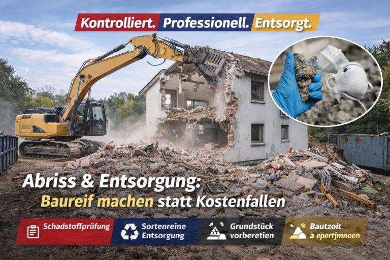 Ein gelber Bagger neben einem abgerissenen Haus. Ein Arbeiter in blauen Handschuhen hält ein großes Rohr.