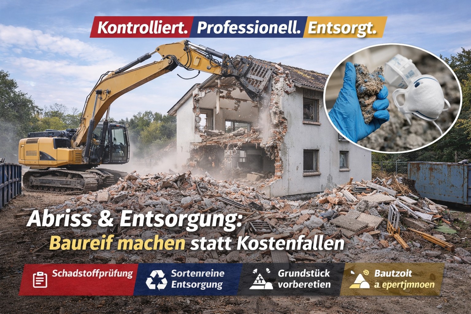 Ein gelber Bagger neben einem abgerissenen Haus. Ein Arbeiter in blauen Handschuhen hält ein großes Rohr.