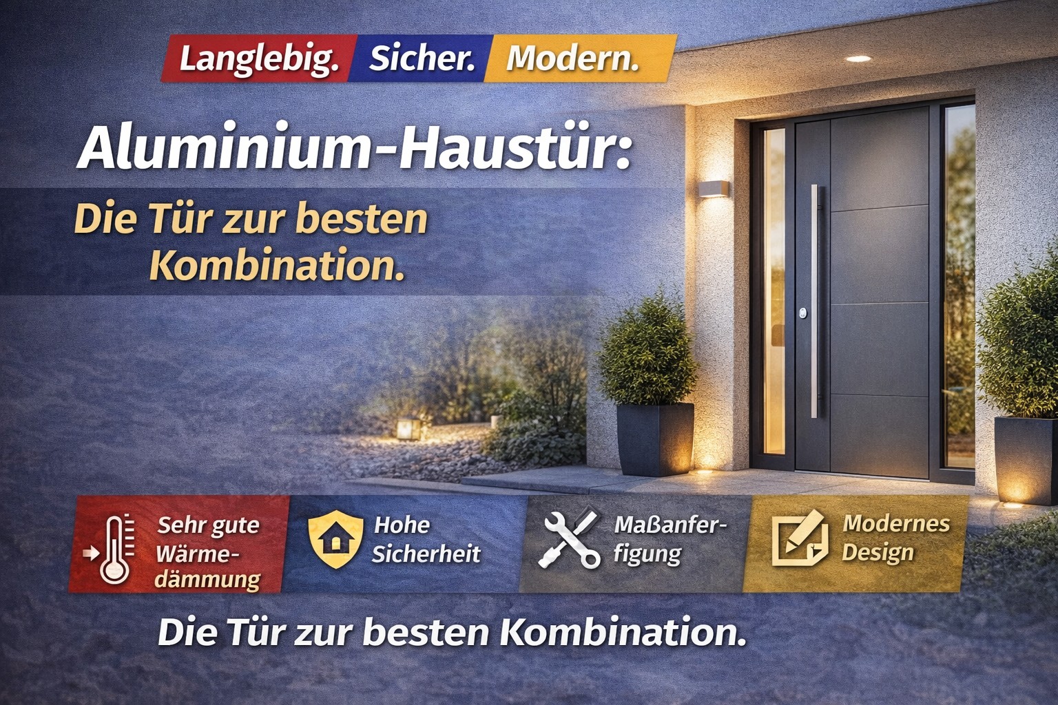 Eine moderne Aluminium-Haustür mit guter Wärmedämmung und hochsicherer Verriegelung.