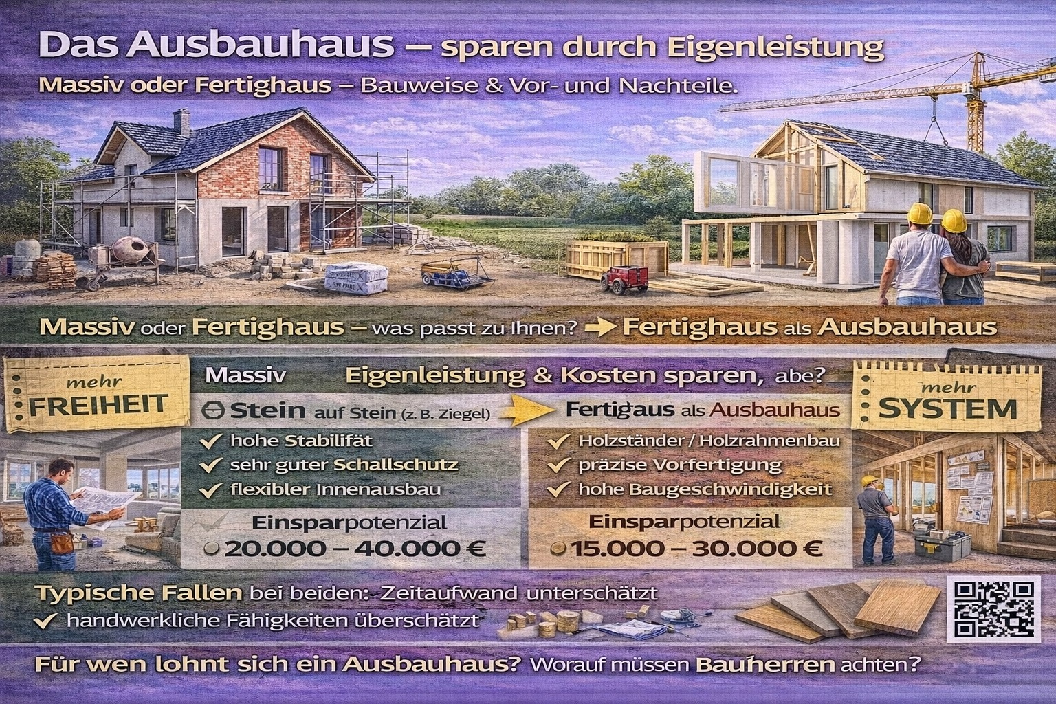 Ein Haus im Bau, mit zwei Männern in der Nähe. Ein Banner mit Informationen zu Ausbauhaus und Eigenleistung.