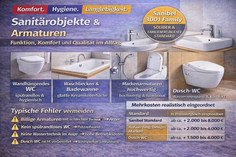Ein Badezimmer mit verschiedenen Sanitär- und Armaturen. WC, Waschbecken und Dusche.