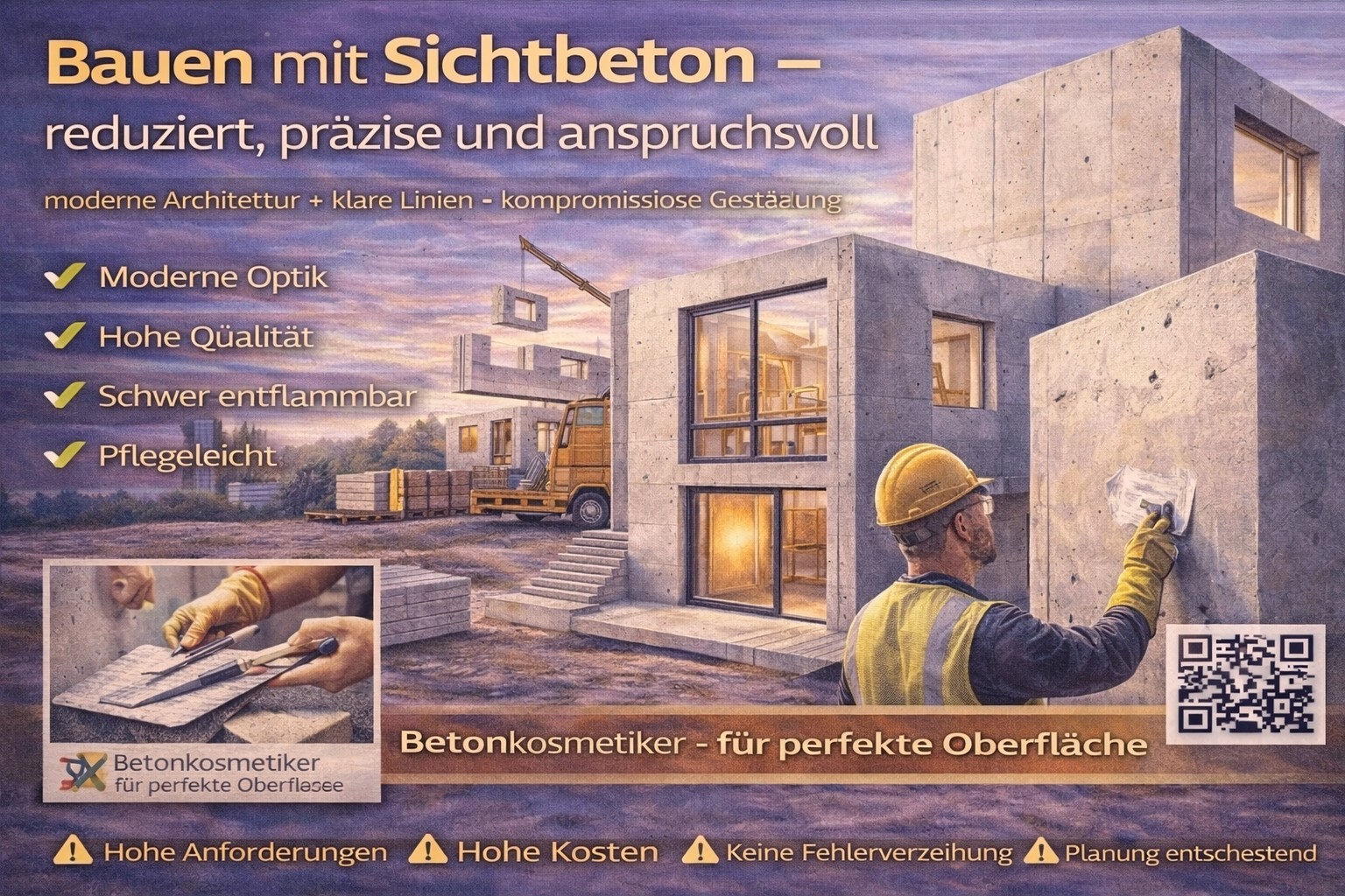 Ein Arbeiter in Orange und Gelb bearbeitet eine Betonwand. Im Hintergrund ein modernes Gebäude.