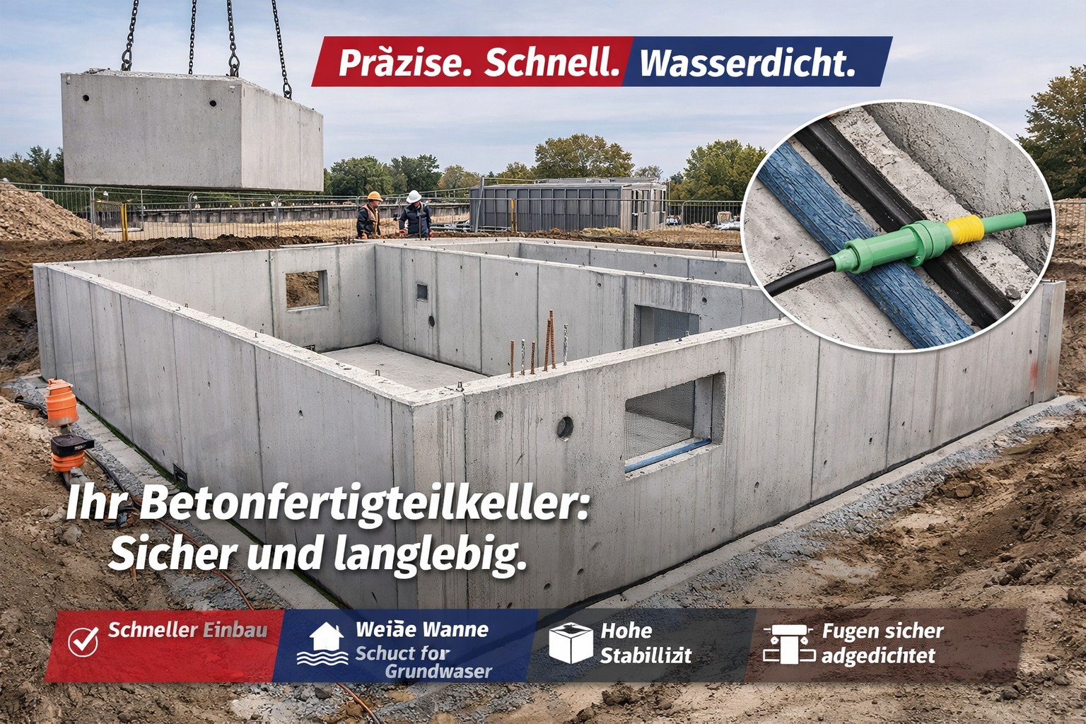 Ein Keller aus Betonfertigteilen wird auf einer Baustelle errichtet. Ein Detail zeigt eine Kabel- oder Schlauchdurchführung.