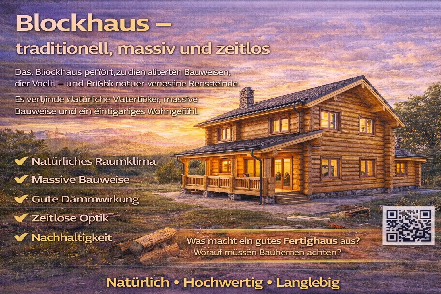 Ein gemütliches Blockhaus im Abendlicht. Die Fassade ist warm beleuchtet.