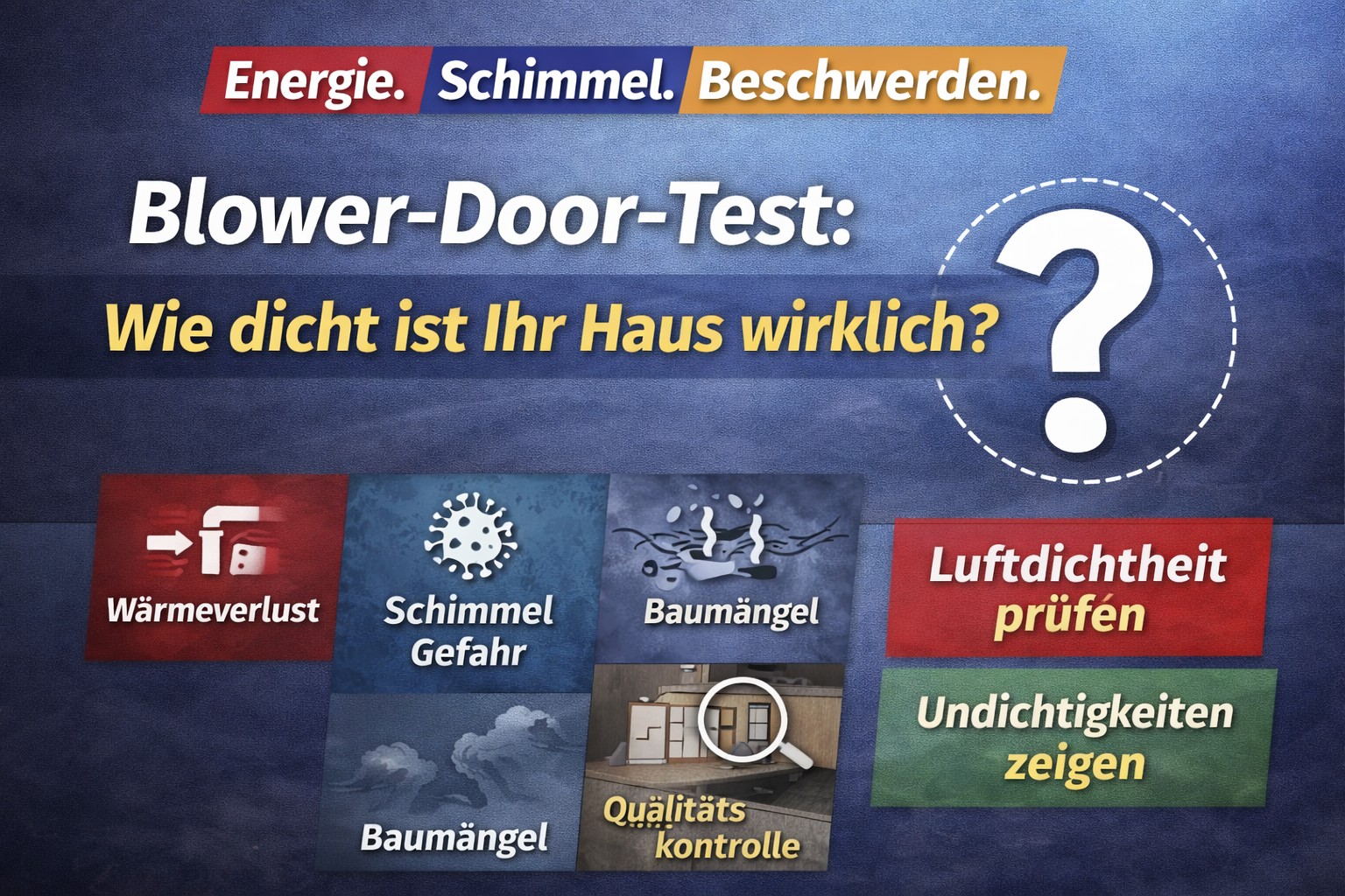 Ein Bild über den Blower-Door-Test zur Überprüfung der Luftdichtheit eines Hauses. Der Test hilft bei der Erkennung von Wärmeverlust, Schimmelgefahr und Baumängeln.