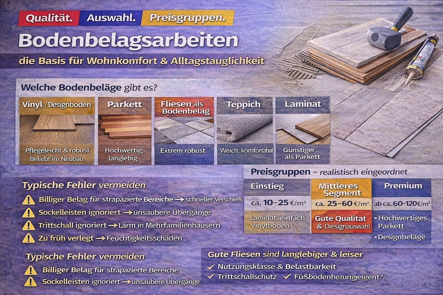 Ein Bild von verschiedenen Bodenbelägen und einem Stempel auf einem Dokument. Die verschiedenen Arten von Bodenbelägen sind im Bild dargestellt.