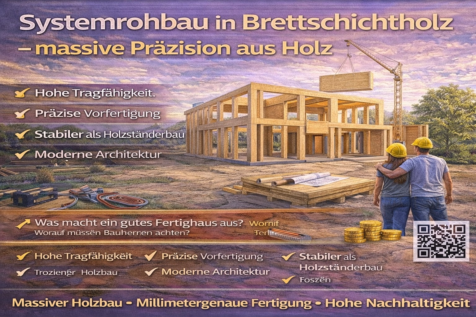 Ein Arbeiter und ein Architekt betrachten einen Rohbau aus Brettschichtholz. Das Gebäude ist im Bau und zeigt eine moderne Holzbauweise.