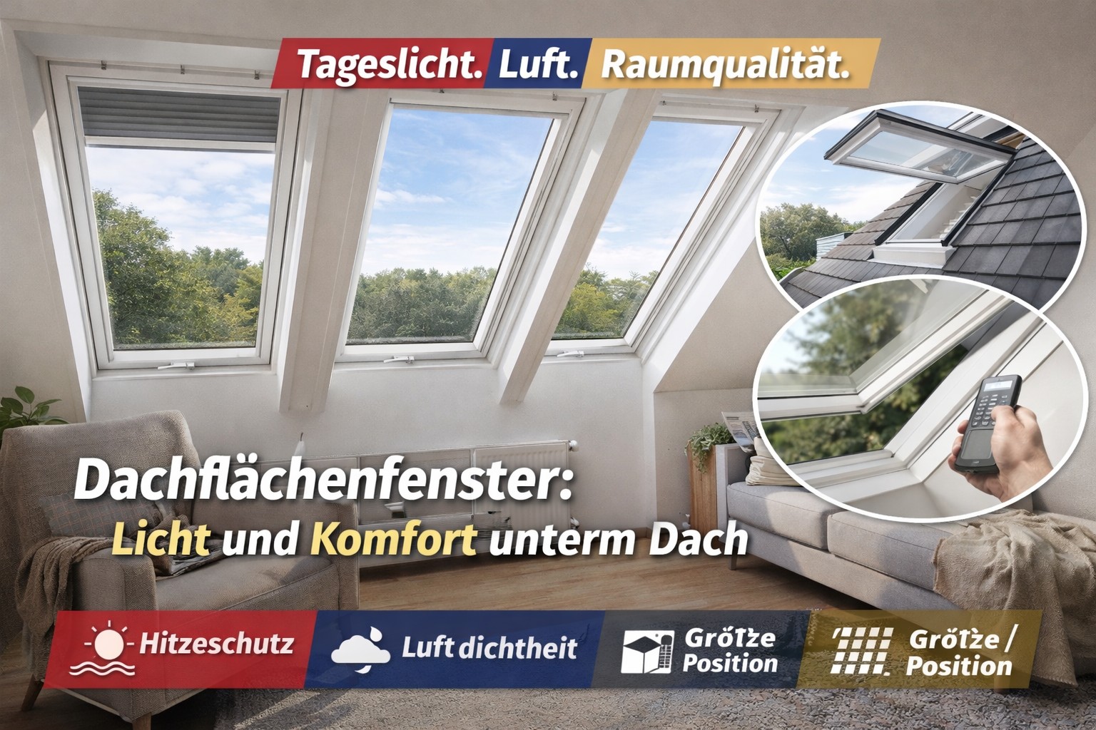 Ein hell erleuchtetes Zimmer mit Dachflächenfenstern und einer Person, die ein Fenster öffnet. Die Fenster bieten eine gute Luft- und Raumqualität.