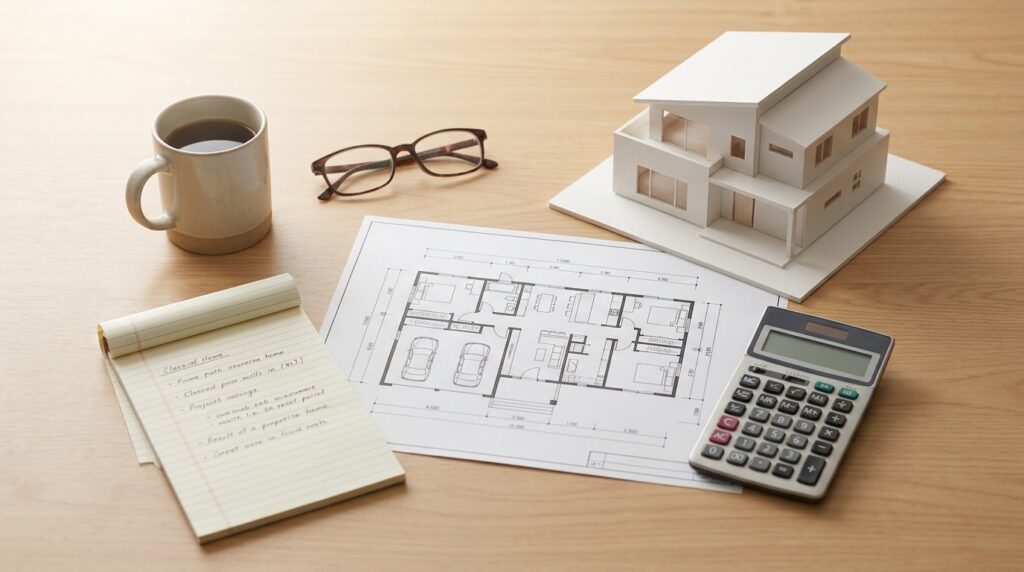 Grundriss, Architekturmodell und Taschenrechner auf Holztisch zur Entscheidungsfindung Neubau oder Sanierung