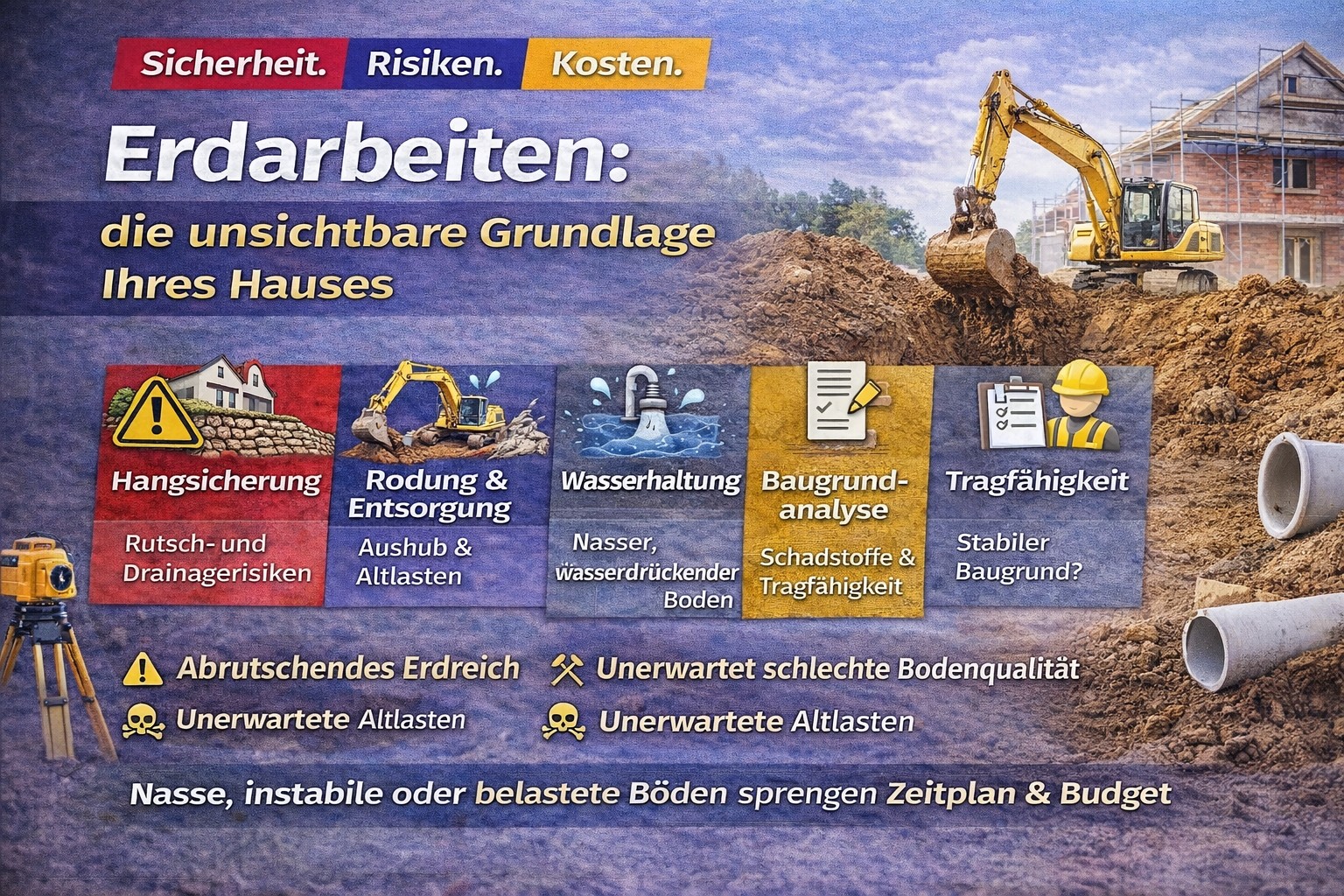 Ein Bagger auf einem Bauplatz mit einem Haus im Hintergrund. Sicherheit, Risiken und Kosten von Erdarbeiten.