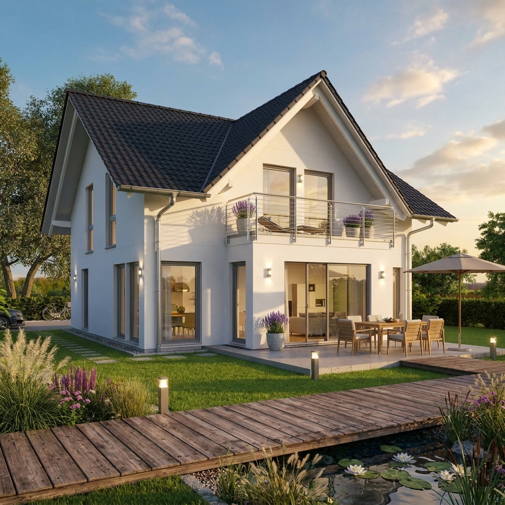 Fertighaus Holzständerbauweise – modernes zweigeschossiges Einfamilienhaus mit weißer Putzfassade und Holzverkleidung