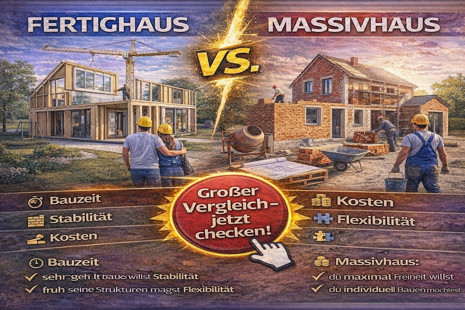 Ein Vergleich zwischen Fertighaus und Massivhaus. Zwei Arbeiter bauen an einem Fertighaus und einem Massivhaus.