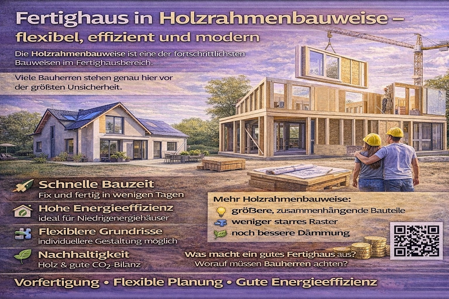 Ein Arbeiter und ein Architekt besprechen den Bau eines modernen Holzhaueses im Fertighausstil. Im Hintergrund ist ein weiteres Haus zu sehen.