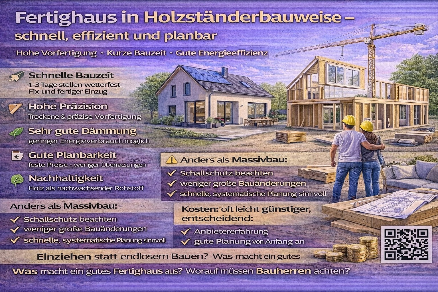 Ein Mann und eine Frau betrachten ein im Bau befindliches Haus aus Holz, daneben liegen Baupläne. Ein Kran ist im Hintergrund sichtbar.