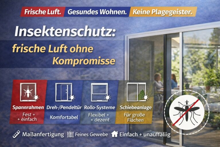 Ein Insektenschutzsystem, das frische Luft ohne Kompromisse bietet. Verschiedene Systeme wie Spannrahmen, Dreh-/Pendeltür, Rollo-Systeme und Schiebeanlage.