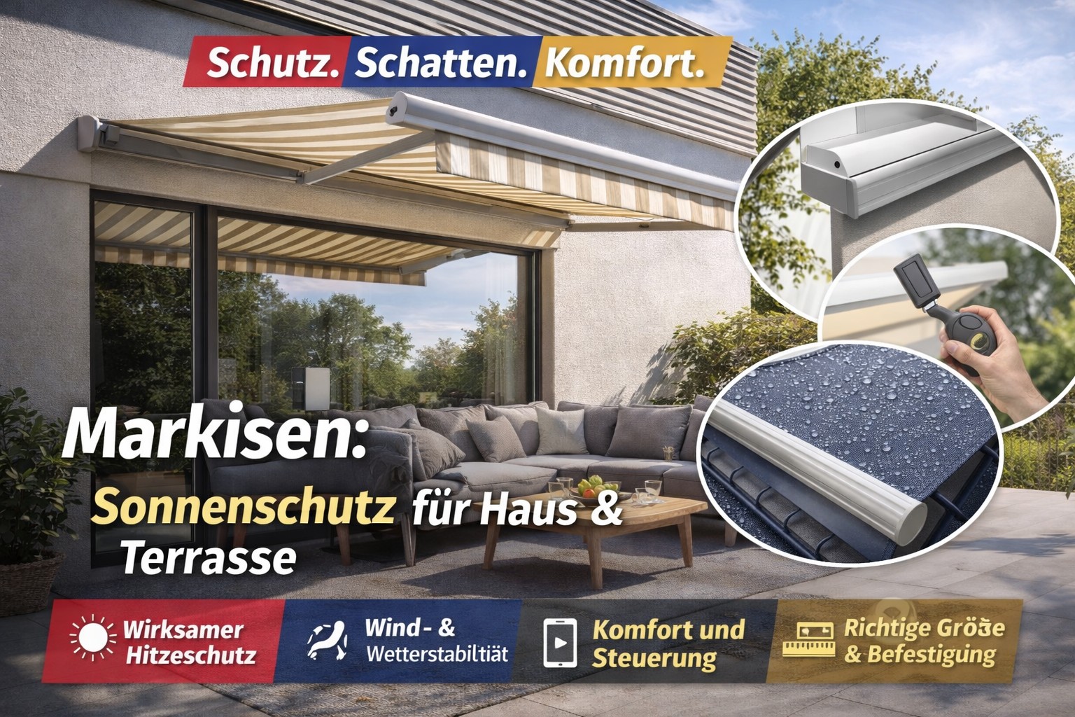 Eine Markise als Sonnenschutz für ein Haus und eine Terrasse. Die Markise bietet Schutz vor der Sonne.