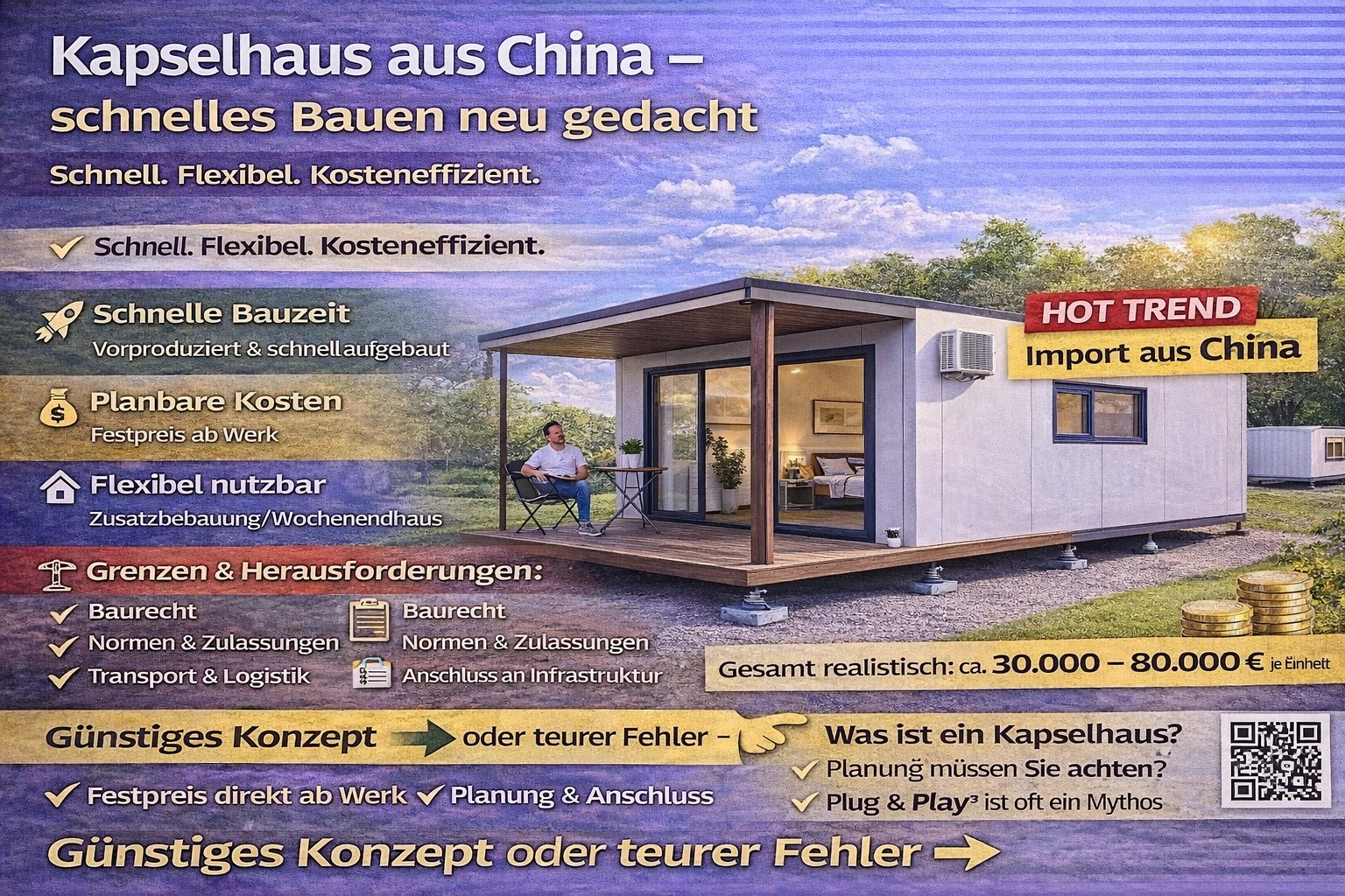 Ein modernes, kompaktes Haus mit einer großen Veranda und einer Glasfront, das auf einer Wiese steht.