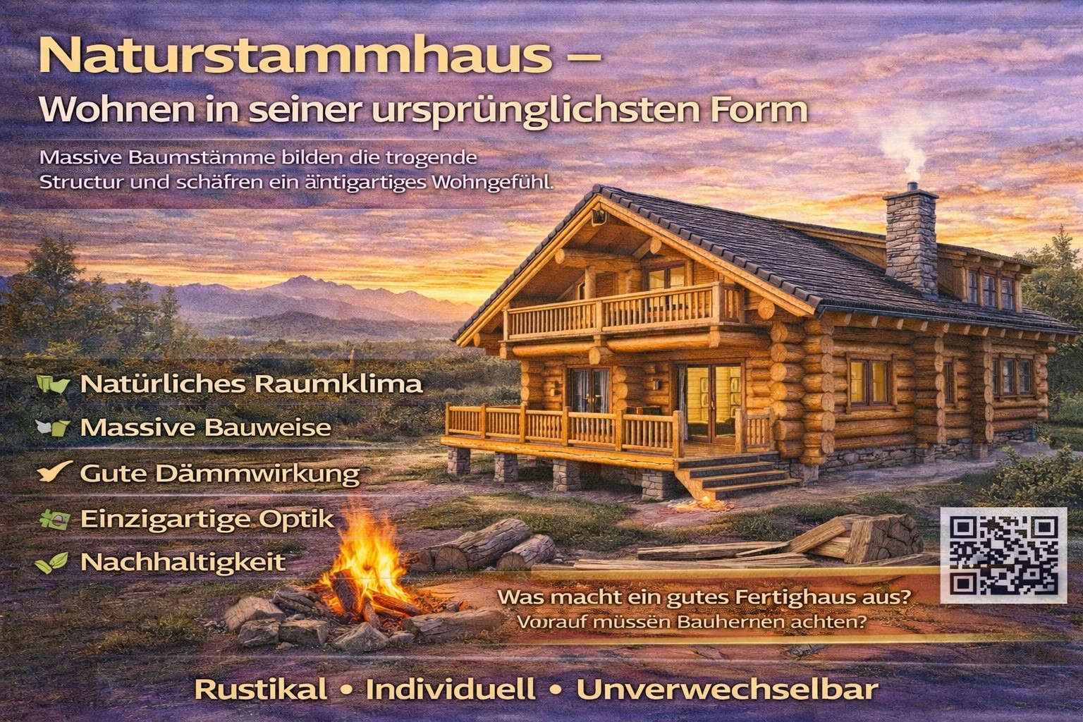 Ein gemütliches Blockhaus mit Blick auf einen Sonnenuntergang. Vor dem Haus brennt ein Lagerfeuer.