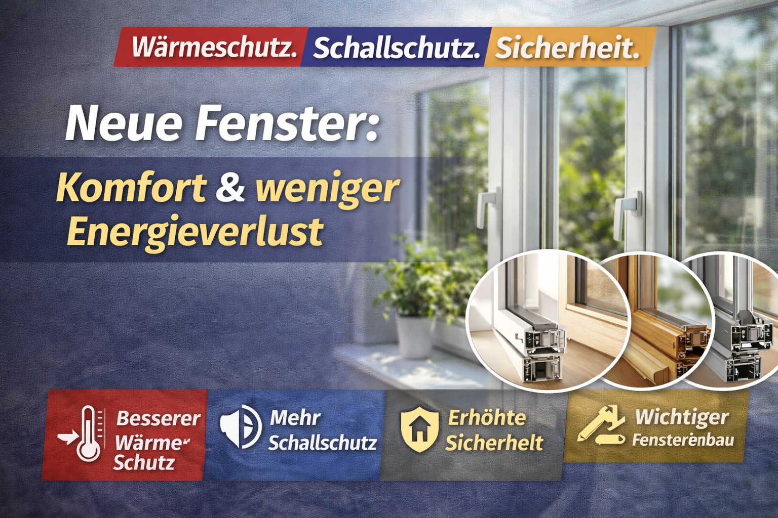Ein Bild von neuen Fenstern mit verbessertem Wärmeschutz, Schallschutz und Sicherheit. Die Fenster bieten eine erhöhte Sicherheit und wichtigen Fensteraustausch.