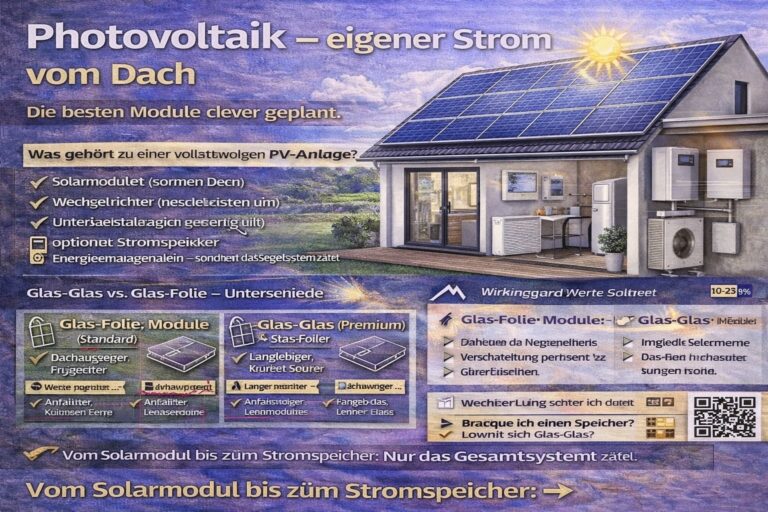 Ein Haus mit Photovoltaikanlage auf dem Dach. Informationen zu Solarenergie und Stromspeicher.