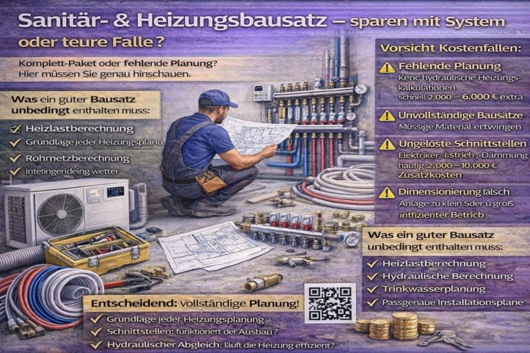 Ein Mann in einem blauen Overall arbeitet an einem Sanitär- und Heizungsbausatz. Der Bausatz enthält verschiedene Rohre und Komponenten.