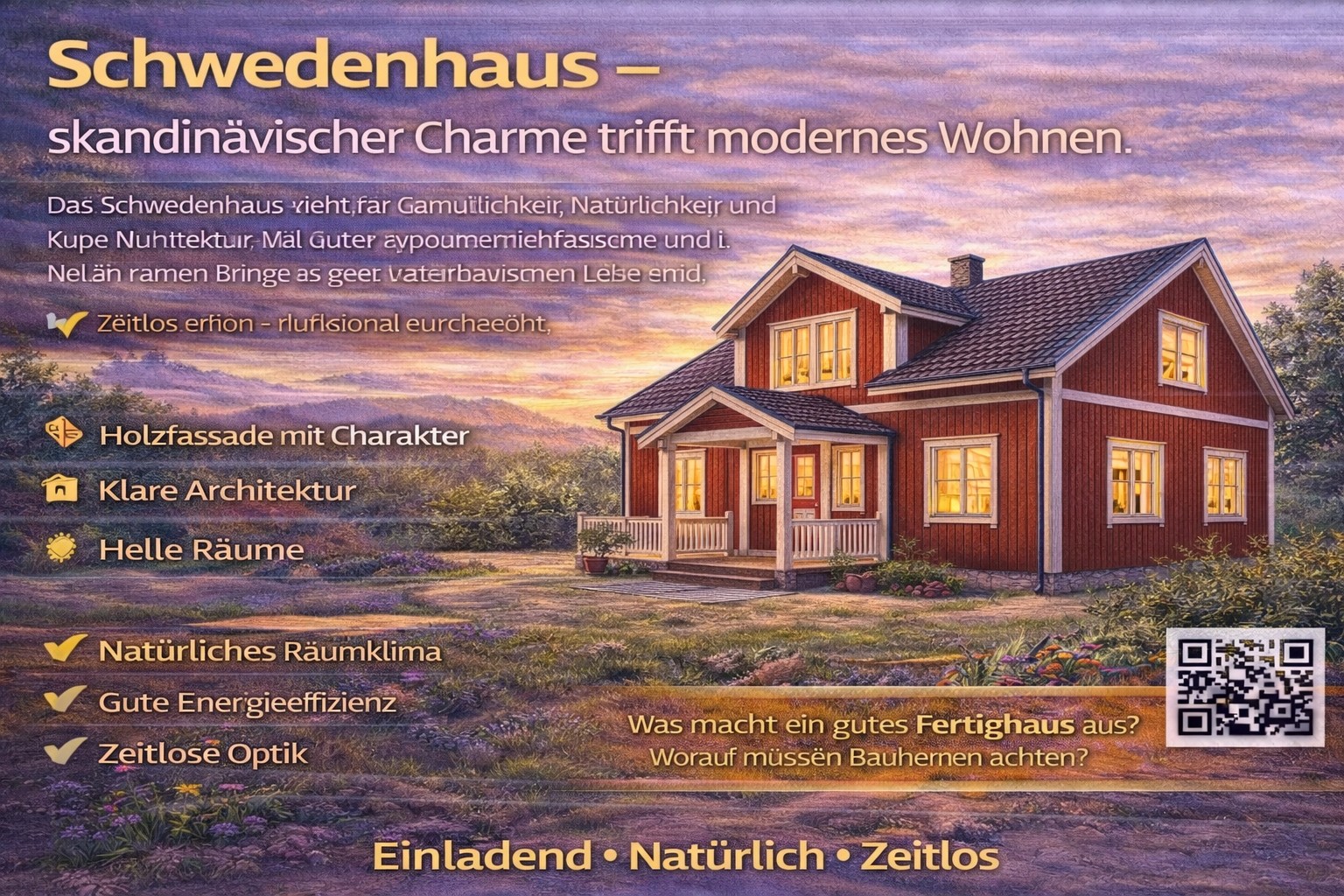 Ein Schwedenhaus mit roten Wänden und grauem Dach bei Sonnenuntergang. Das Haus hat eine Veranda und mehrere Fenster.