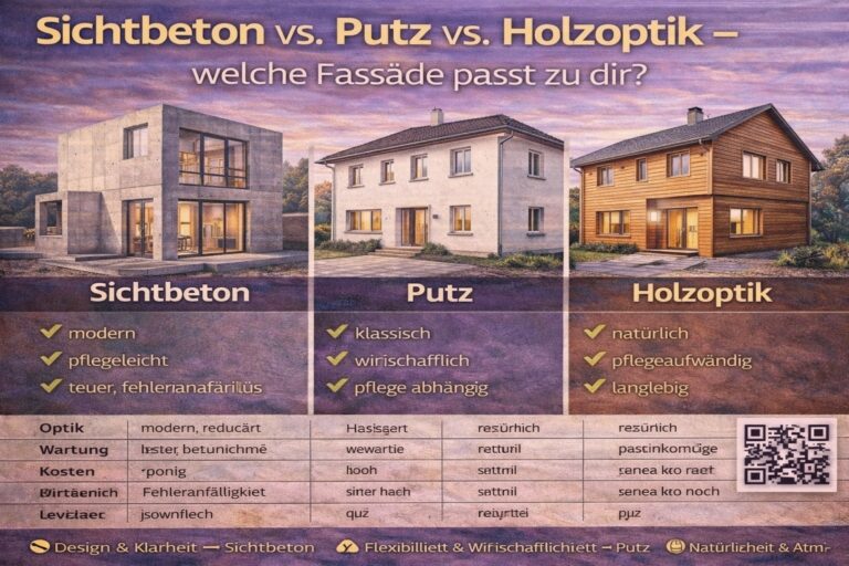 Ein Vergleich von drei verschiedenen Fassadenarten: Sichtbeton, Putz und Holzzoptik. Die Abbildung zeigt drei Häuser mit unterschiedlichen Fassaden.