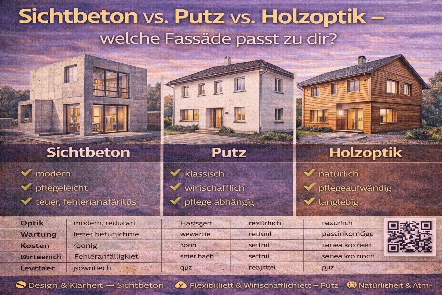 Ein Vergleich von drei verschiedenen Fassadenarten: Sichtbeton, Putz und Holzzoptik. Die Abbildung zeigt drei Häuser mit unterschiedlichen Fassaden.