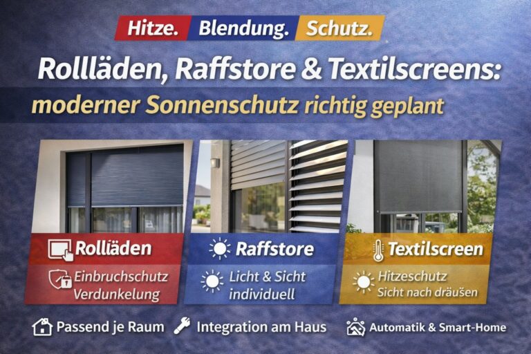 Ein Vergleich von Rolläden, Raffstore und Textilscreens für modernen Sonnenschutz.