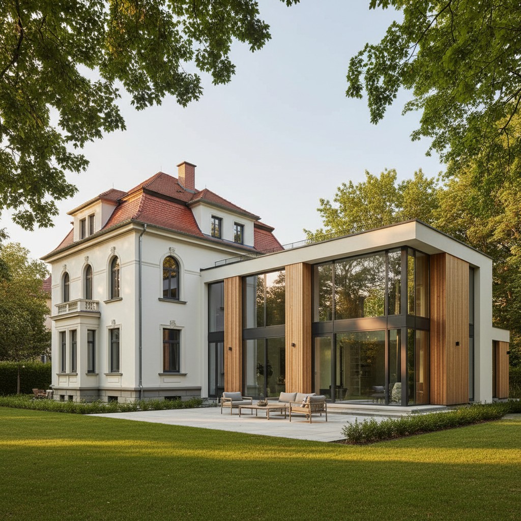 Stadtvilla Anbau mit moderner Glasfront und Holzakzenten an klassischer Villa