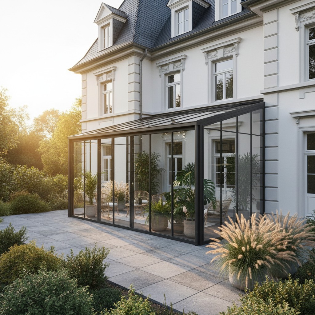 Stadtvilla Anbau als Wintergarten mit moderner Glas-Aluminium-Konstruktion