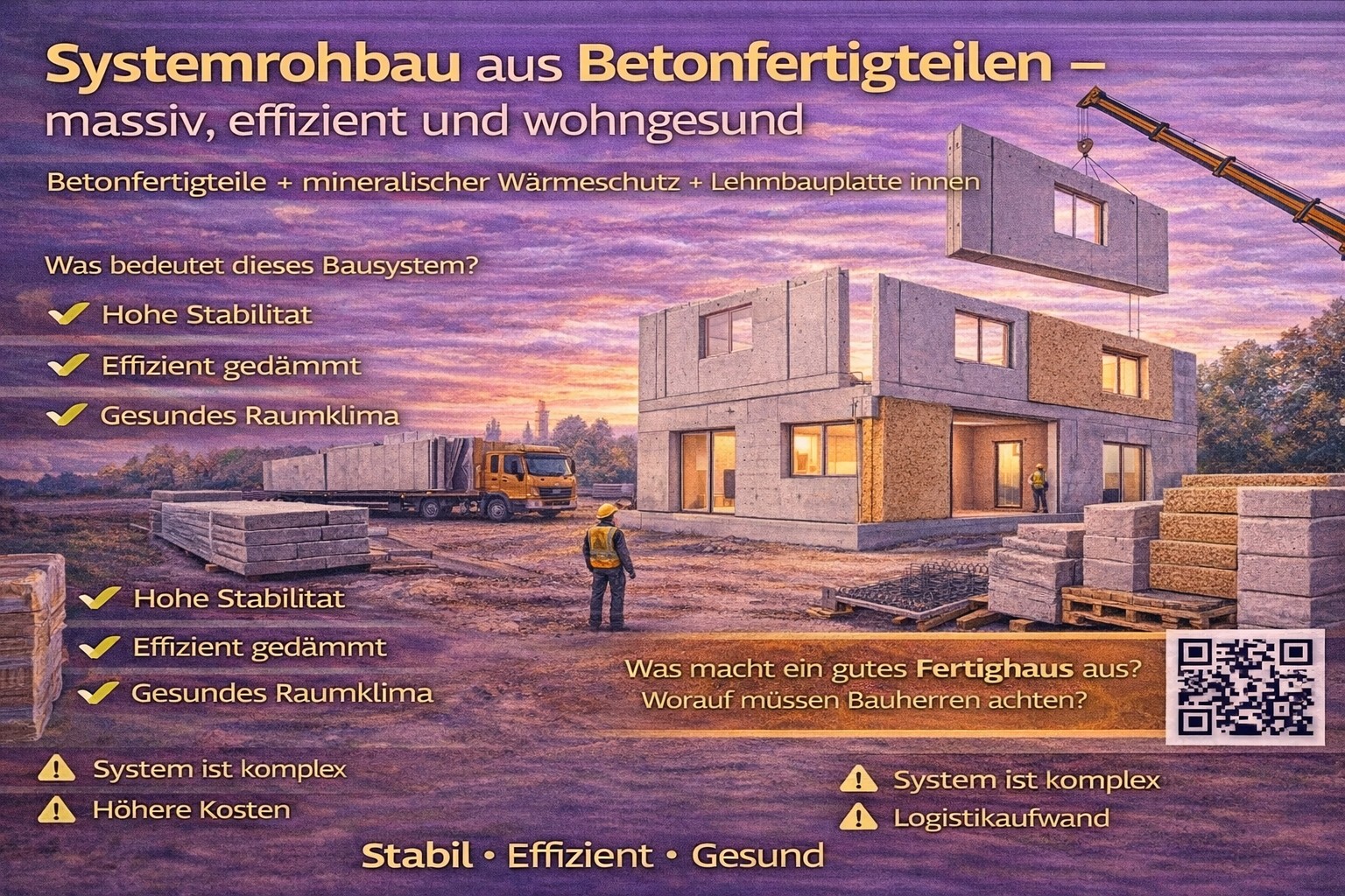 Ein Arbeiter steht vor einem modernen Haus im Bau, das aus Betonfertigteilen errichtet wird. Im Hintergrund ist ein Kran sichtbar.