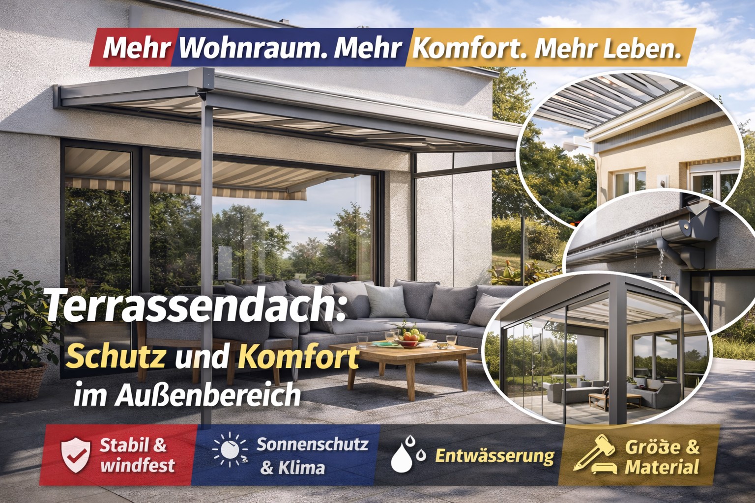 Ein modernes Haus mit einem Terrassendach, das Schatten und Schutz bietet. Komfortable Sitzgelegenheit unter dem Dach.