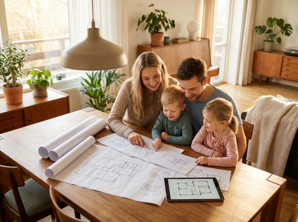 Familie plant gemeinsam ihr Traumhaus