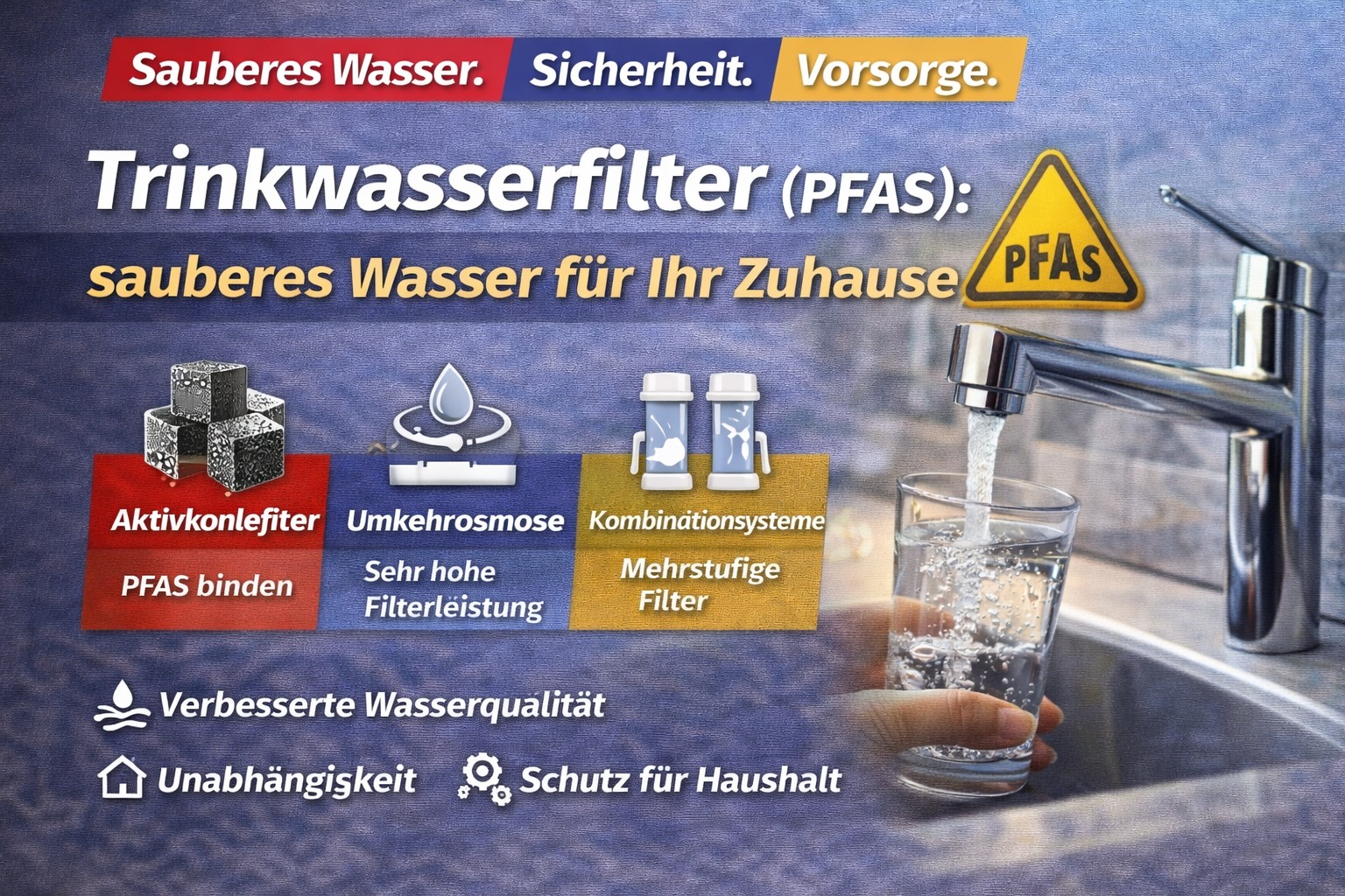 Ein Wasserglas unter einem Küchenwasserhahn, Trinkwasserfilter