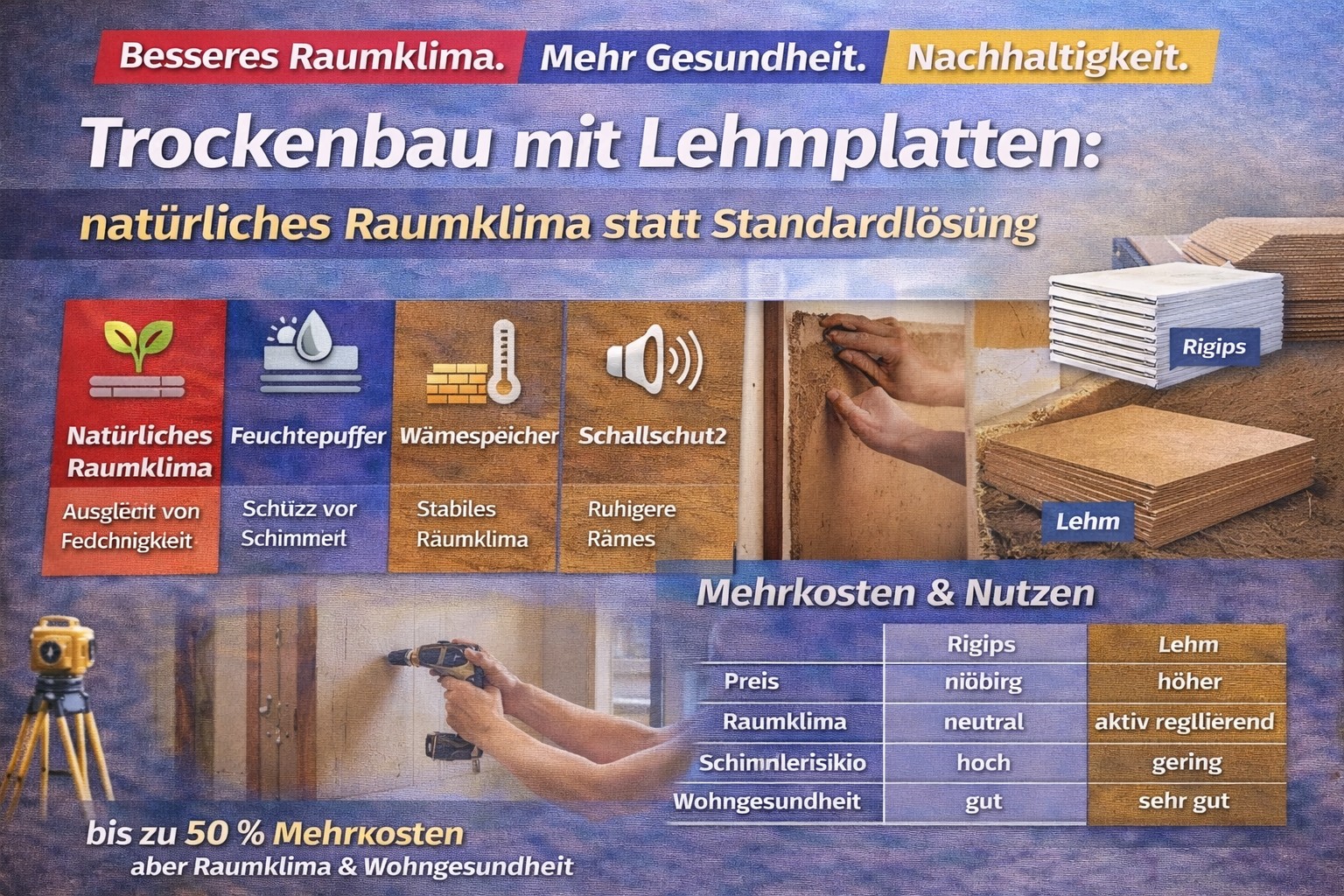 Ein Bild zeigt eine Person, die mit Lehmplatten arbeitet. Die Platten werden für ein gesundes Raumklima verwendet.