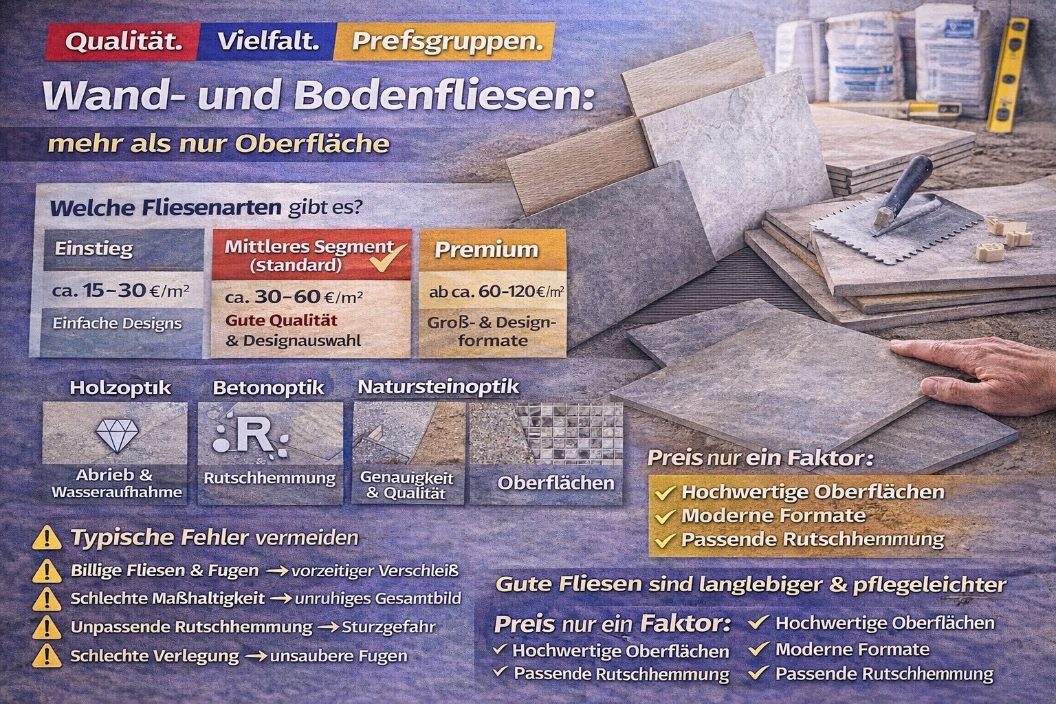 Ein Handwerker verlegt Bodenfliesen mit Werkzeug und Material. Anleitung und Tipps für die Arbeit mit Fliesen.