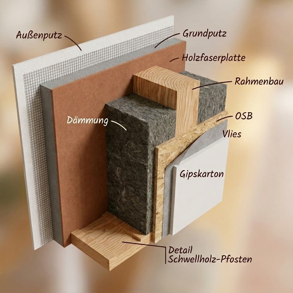 Schichtaufbau einer Holzständerwand mit Holzfaserdämmplatte, Mineralwolle zwischen den Ständern und OSB-Platte