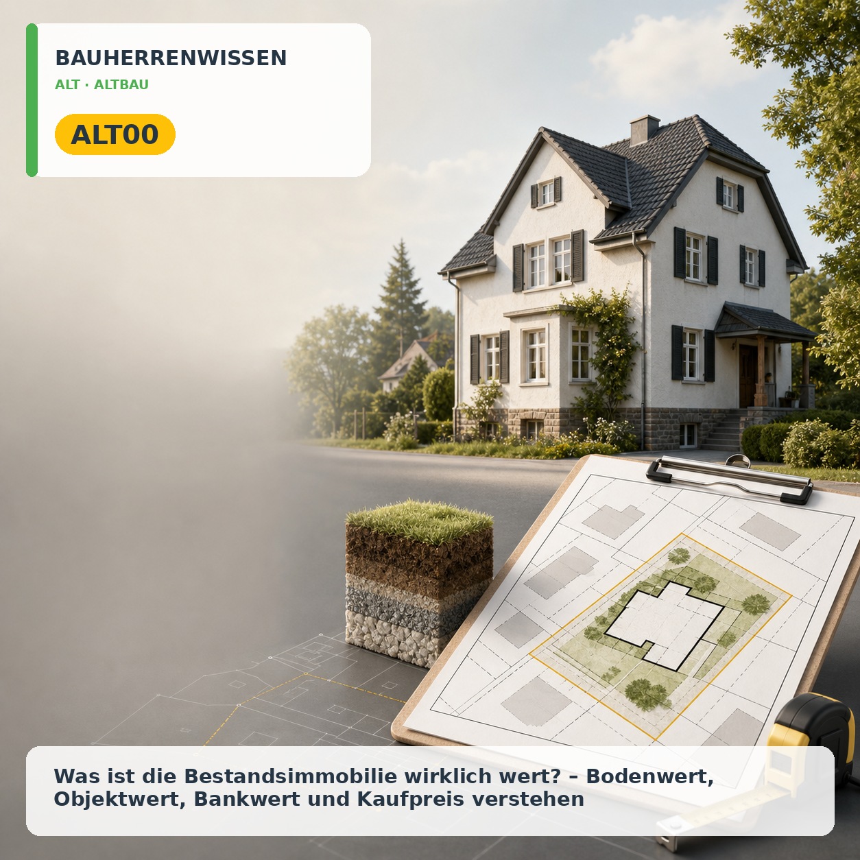 Bauherrenwissen: Was ist die Bestandsimmobilie wirklich wert? – Bodenwert, Objektwert, Bankwert und Kaufpreis verstehen