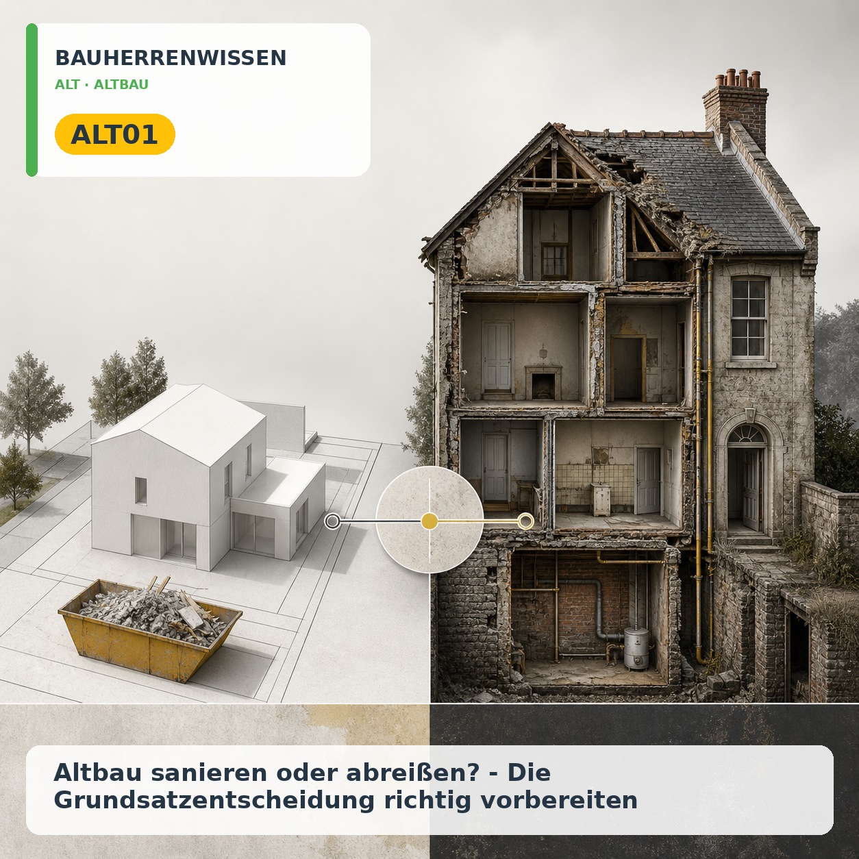 Bauherrenwissen Cover – ALT01 Bauherrenwissen: Altbau sanieren oder abreißen? - Die Grundsatzentscheidung richtig vorbereiten