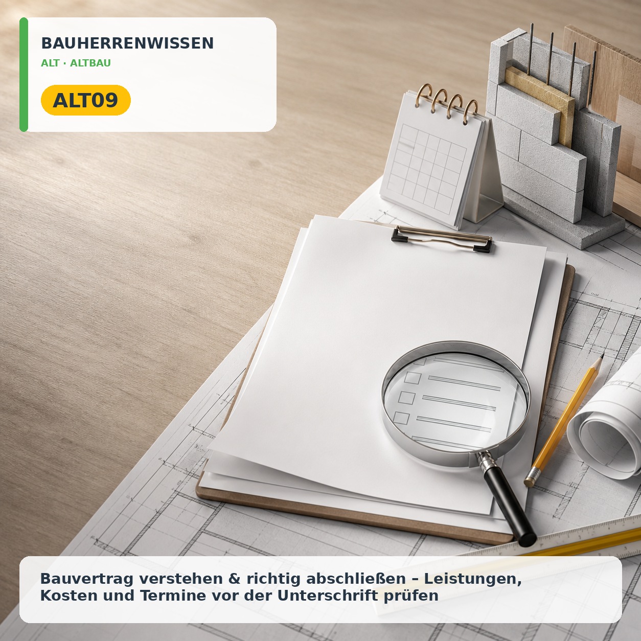 Bauherrenwissen Cover – ALT09 Bauherrenwissen: Bauvertrag verstehen & richtig abschließen – Leistungen, Kosten und Termine vor der Unterschrift prüfen