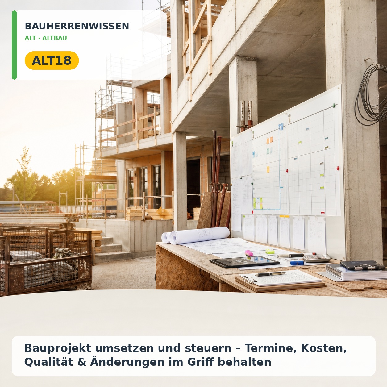 Bauherrenwissen Cover – ALT18 Bauherrenwissen: Bauprojekt umsetzen und steuern – Termine, Kosten, Qualität & Änderungen im Griff behalten