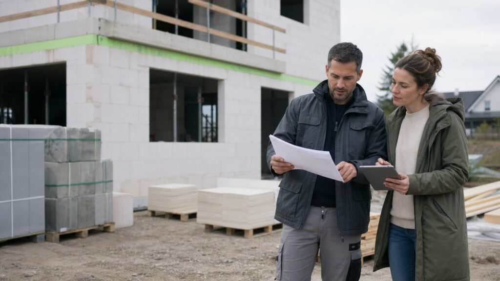 Bauherrin und Fachmann prüfen Unterlagen zur Qualitätskontrolle beim Hausbau
